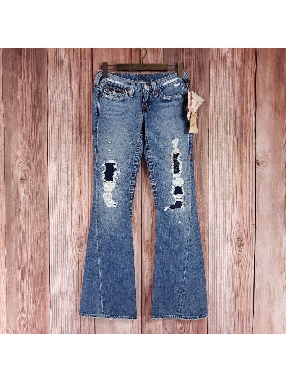 NWT True Religion Womens Size 26 Joey Row Seat Flap Flare Distressed Denim Jeans